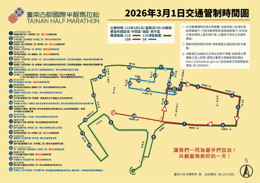 2026臺南古都國際半程馬拉松交通管制時間圖